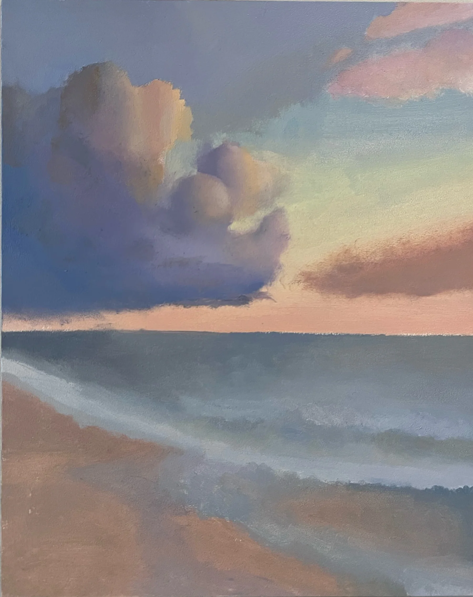 Painting of a quiet shoreline beneath large clouds in a pastel evening sky