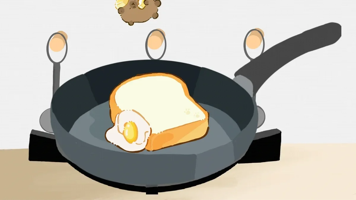 Animated illustration of an egg on toast in a frying pan with a small character floating above
