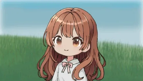Animated illustration of a brown-haired character turning her head in a grassy field