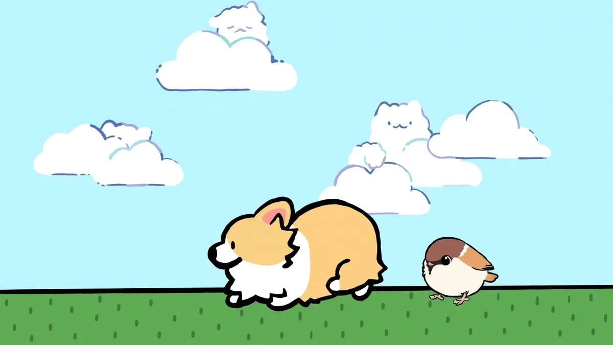Animated illustration of a corgi running beside a small bird beneath clouds shaped like cats