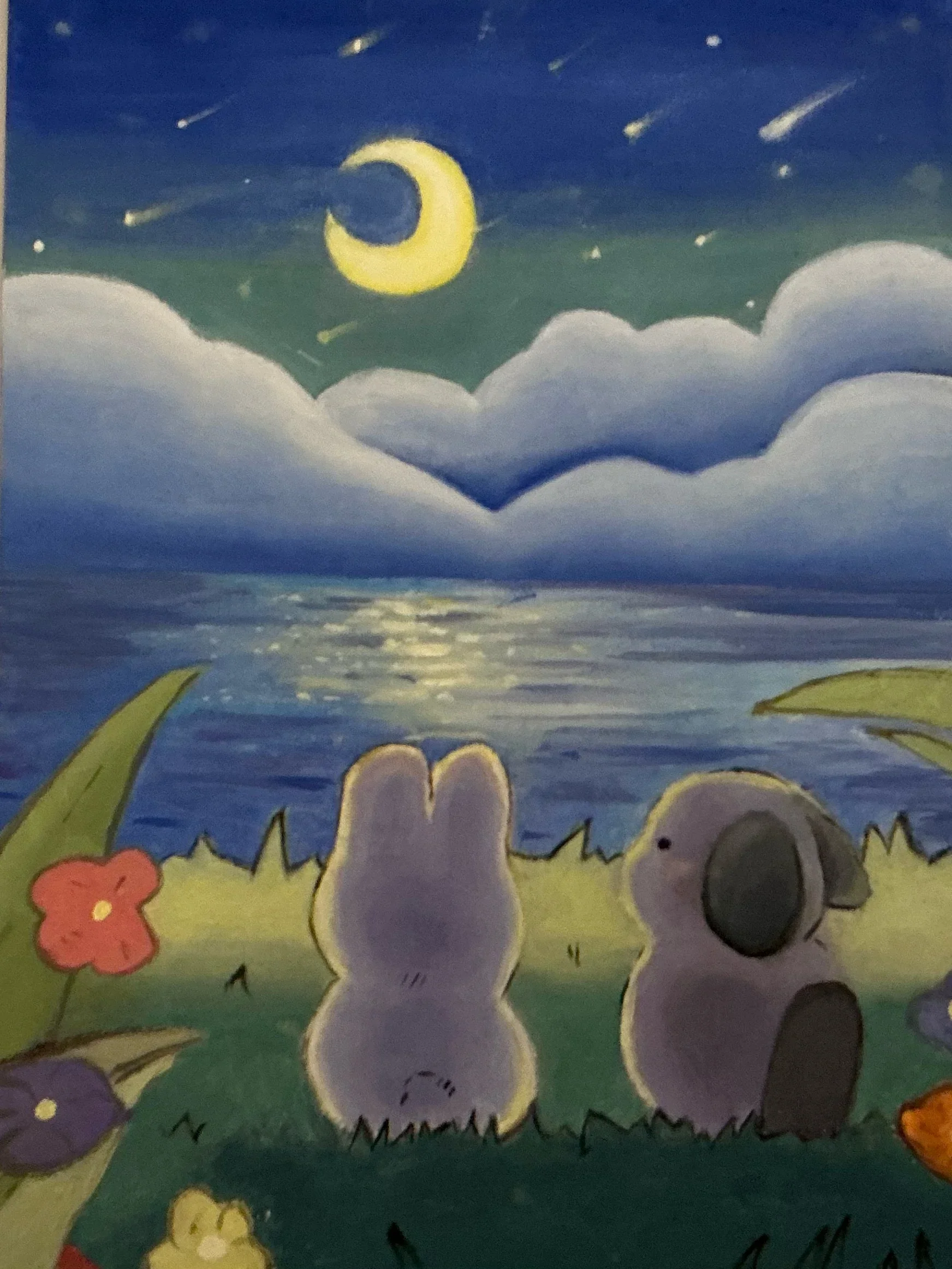 Painting of a rabbit and a koala sitting beside the water under a crescent moon and shooting stars