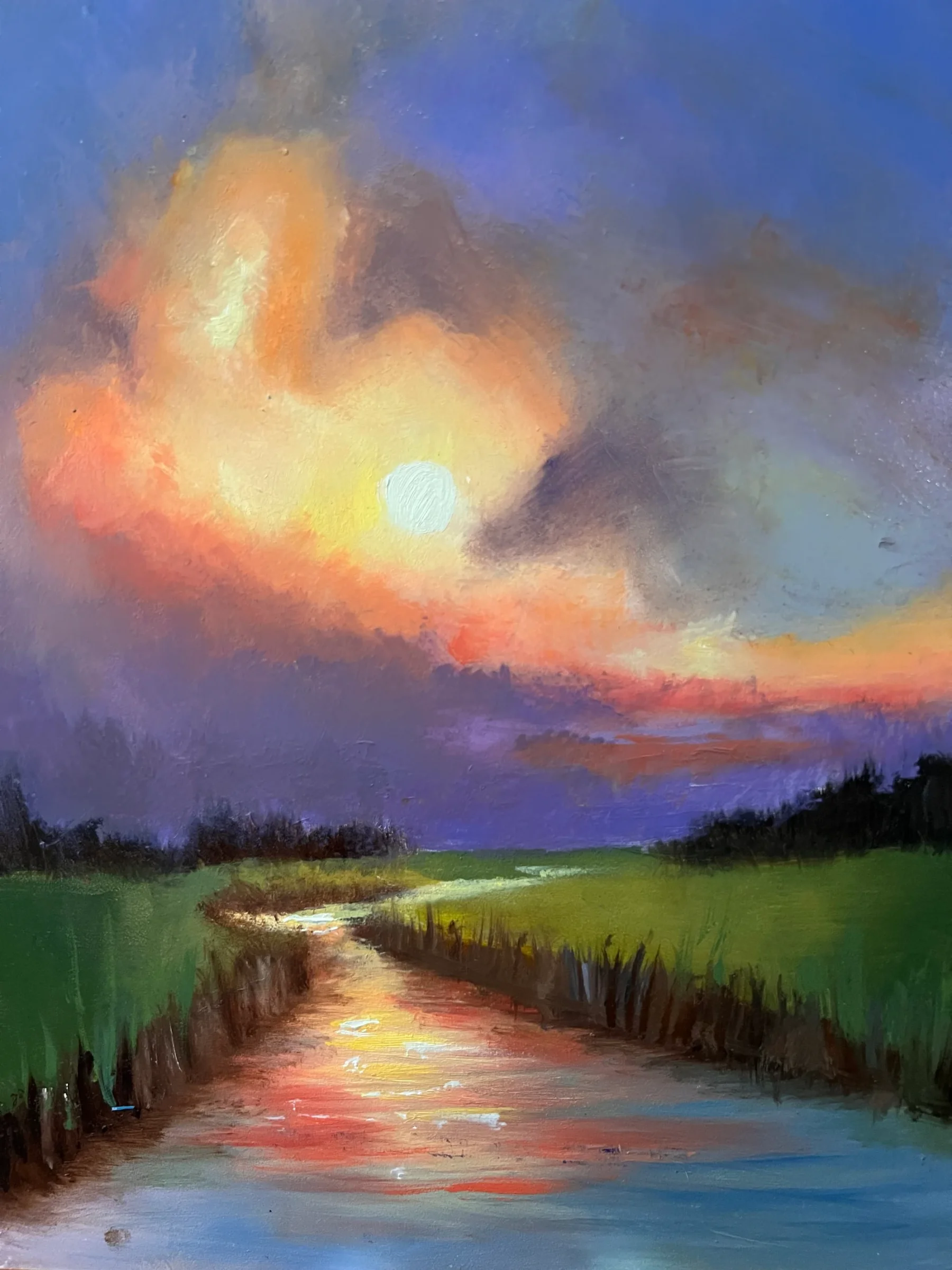 Painting of a glowing sunset reflected in a winding river through green fields
