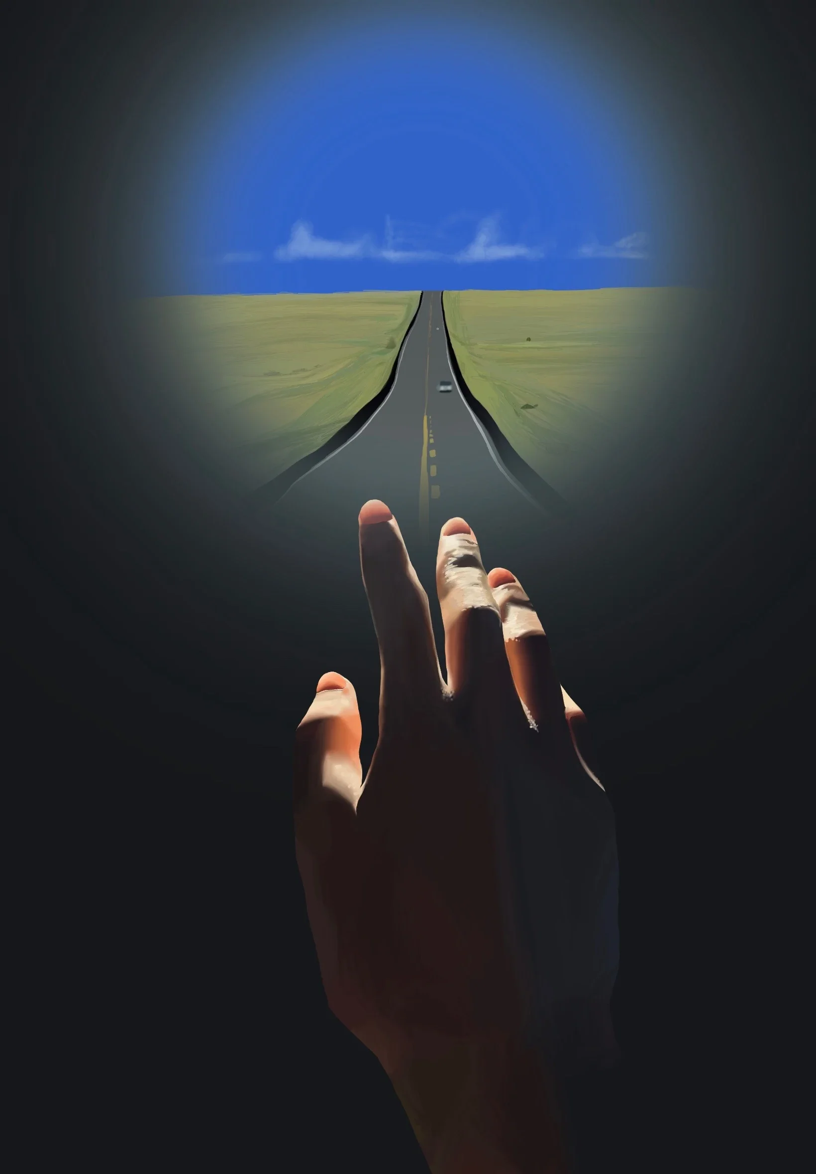 Digital artwork of a hand reaching toward a long road across open fields beneath a blue sky