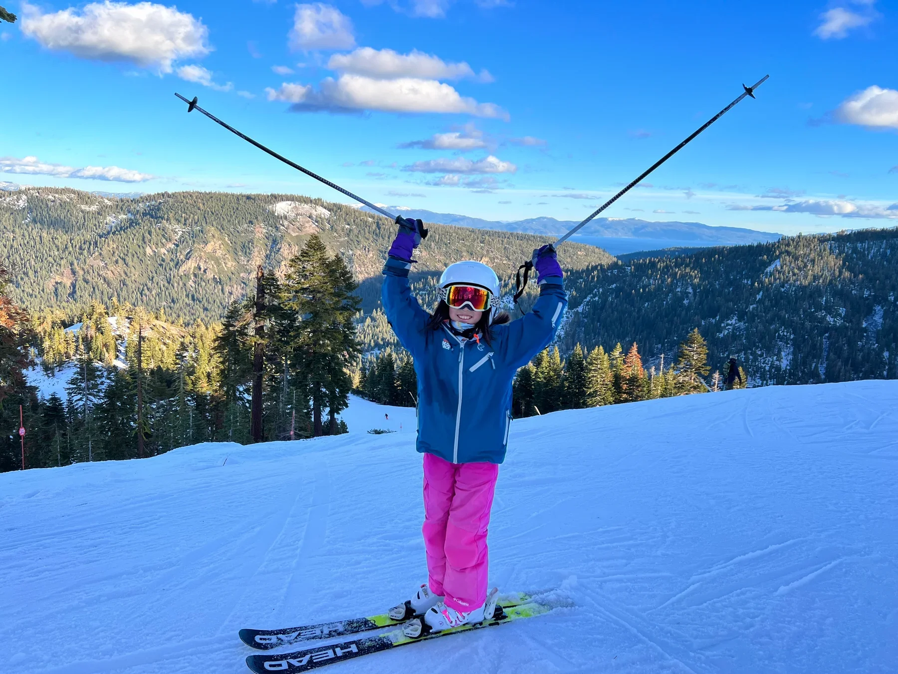 A skier smiling with both poles raised.