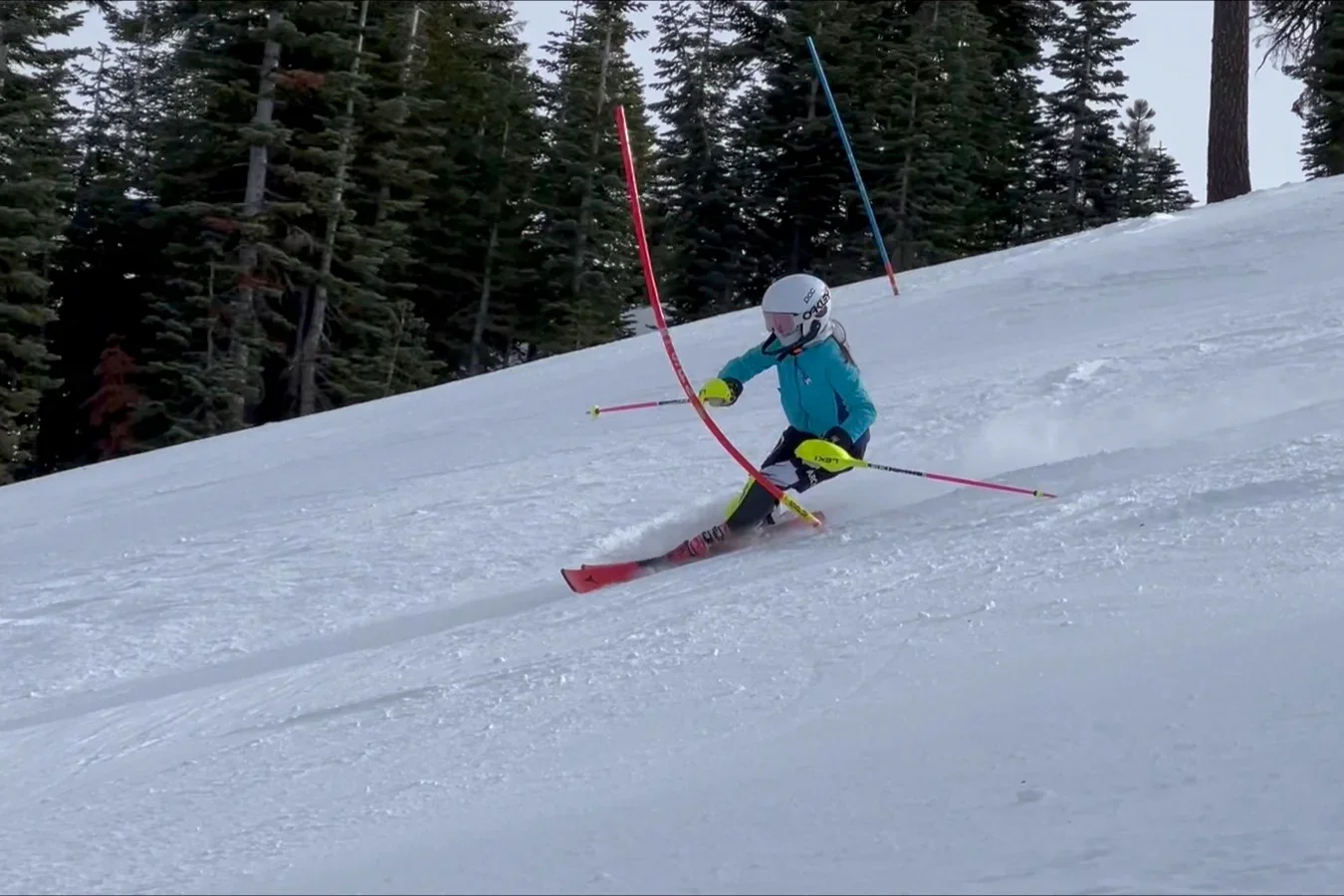 A slalom skier contacting a gate during a carved turn.