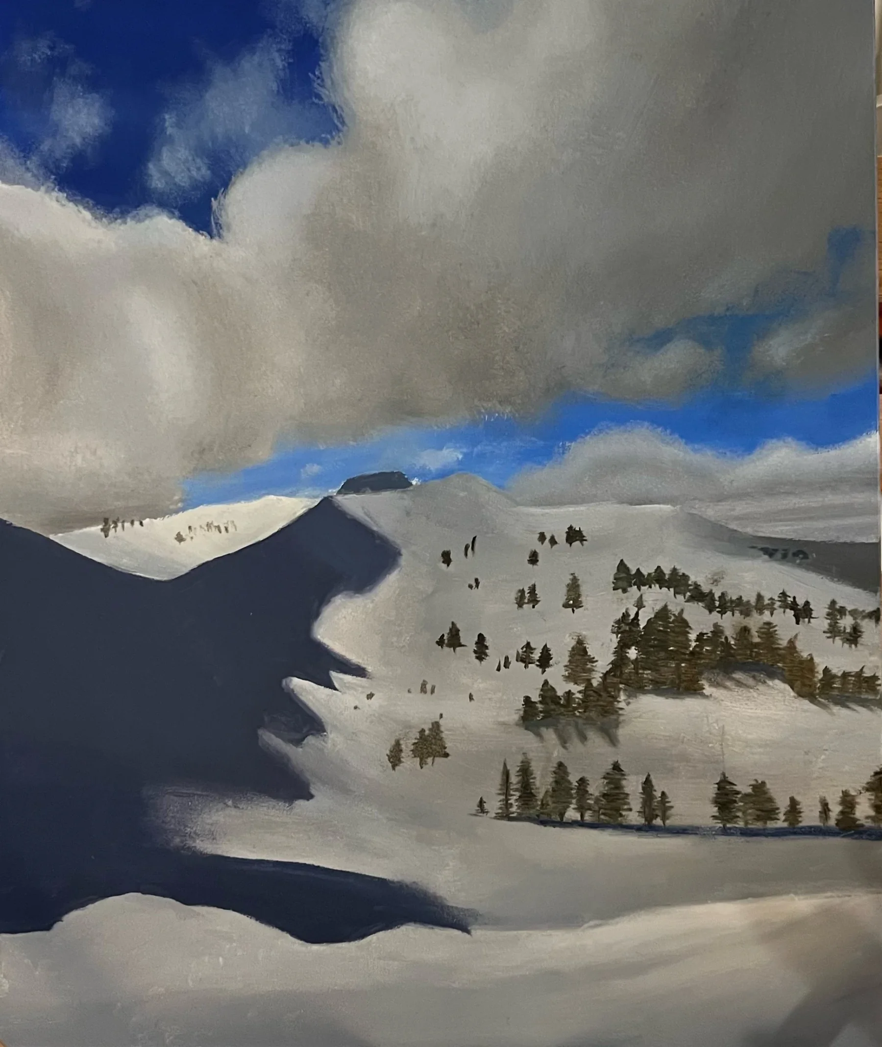 Painting of snow-covered mountain slopes, evergreen trees, and dramatic clouds against a deep blue sky