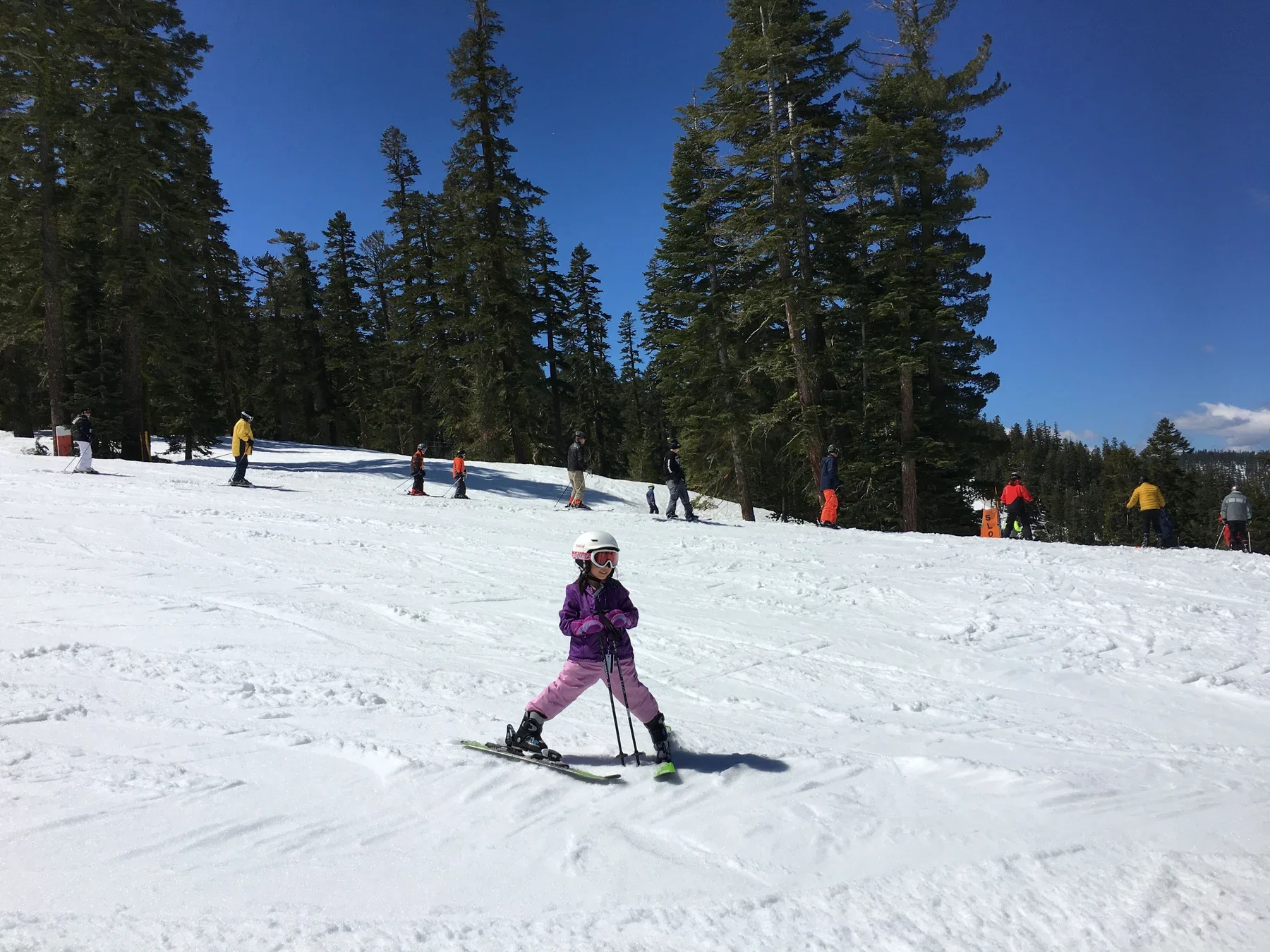 A young skier stopped on a snowy slope.