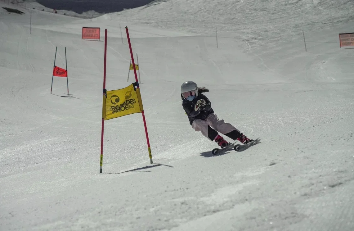 A racer carving past a race gate.