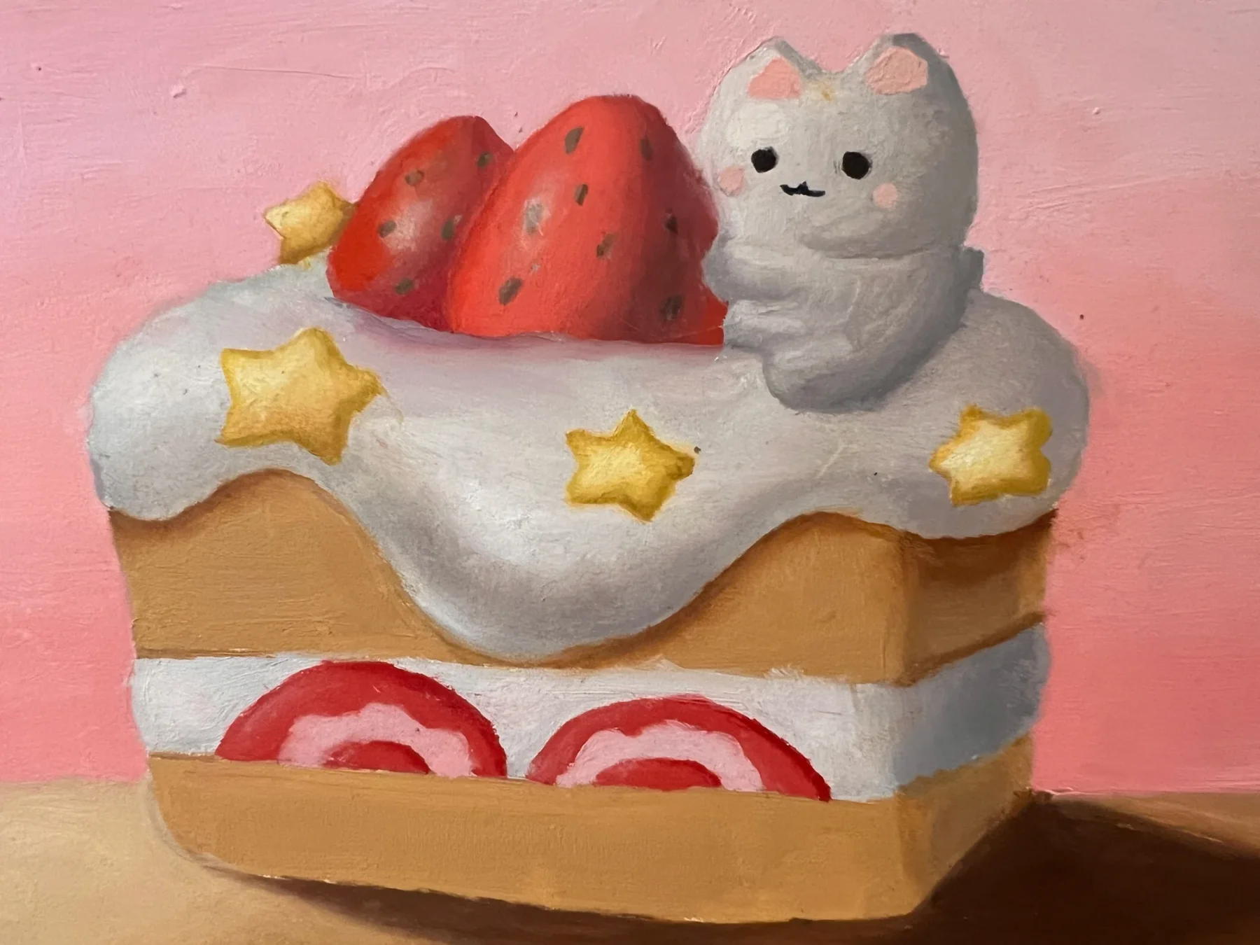 Painting of a gray cat sitting on a strawberry-and-star decorated cake